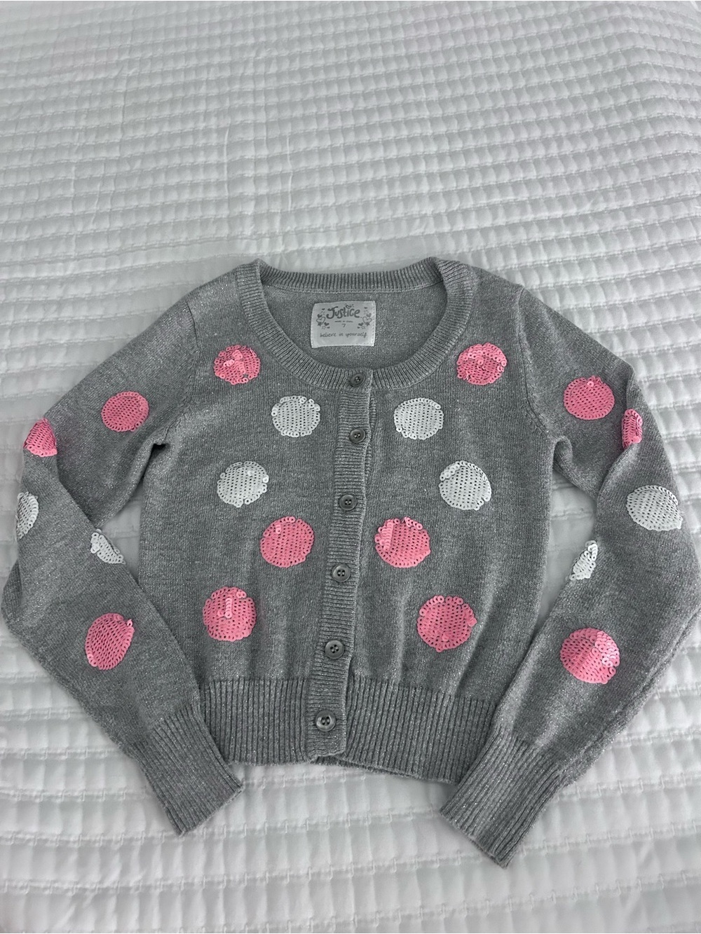 Justice Gray Cardigan with Pink & White Sequin Polka Dots. Size 7